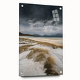 Acrylic landscape artwork showcasing serene sand dunes in warm earth tones, elegantly displayed from a side view with mounting pins. Perfect for modern home decor.