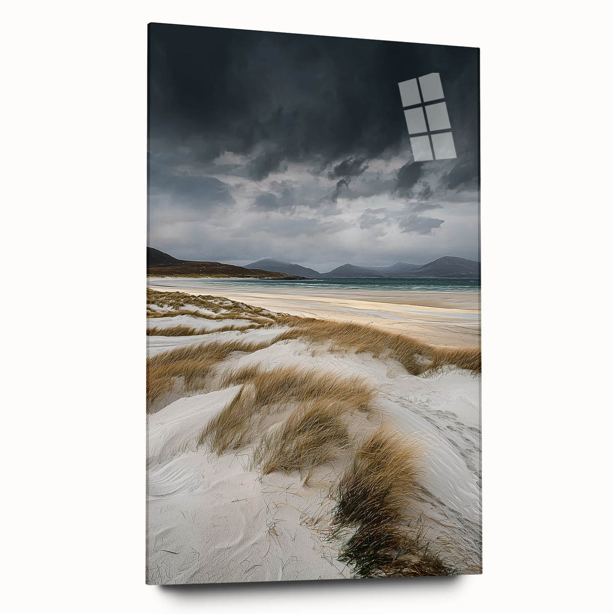 Acrylic glass artwork displaying a serene landscape of rolling sand dunes in warm hues, viewed from the side, highlighting its sleek edges and modern design.