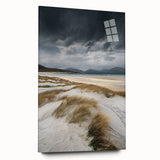 Acrylic glass artwork displaying a serene landscape of rolling sand dunes in warm hues, viewed from the side, highlighting its sleek edges and modern design.
