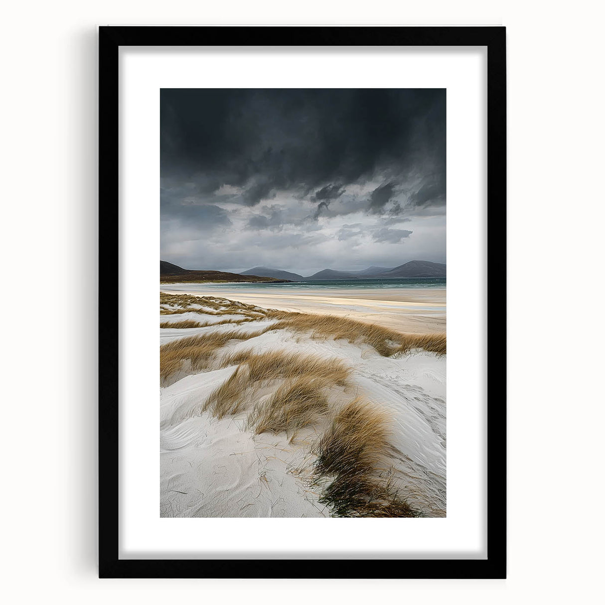 Black-framed landscape artwork featuring serene sand dunes, elegantly matted for a polished presentation. Ideal for modern home decor, enhancing any living space.