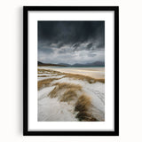 Black-framed landscape artwork featuring serene sand dunes, elegantly matted for a polished presentation. Ideal for modern home decor, enhancing any living space.