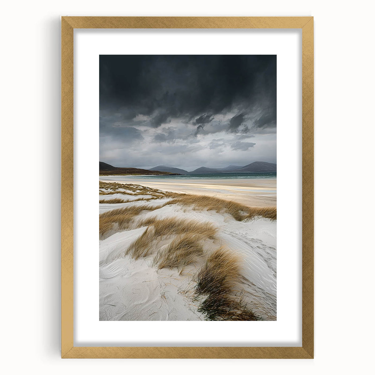 Elegant gold-framed landscape art print showcasing serene sand dunes under a clear blue sky, enhancing any home decor with its calming aesthetic.