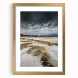 Elegant gold-framed landscape art print showcasing serene sand dunes under a clear blue sky, enhancing any home decor with its calming aesthetic.