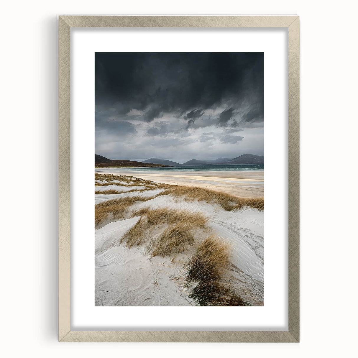 Framed landscape artwork depicting serene dunes in a silver frame with a mat, perfect for home decor or office ambiance, showcasing natural beauty and tranquility.
