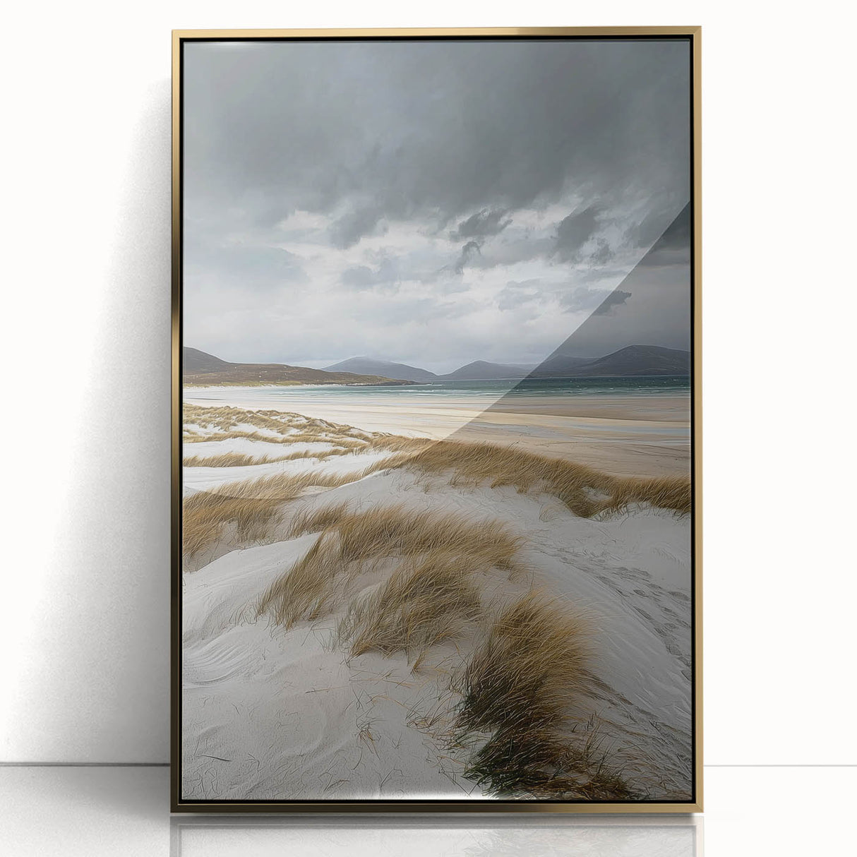 Framed acrylic artwork showcasing a stunning desert landscape with golden dunes, emphasizing vibrant colors and textures, perfect for modern home decor.