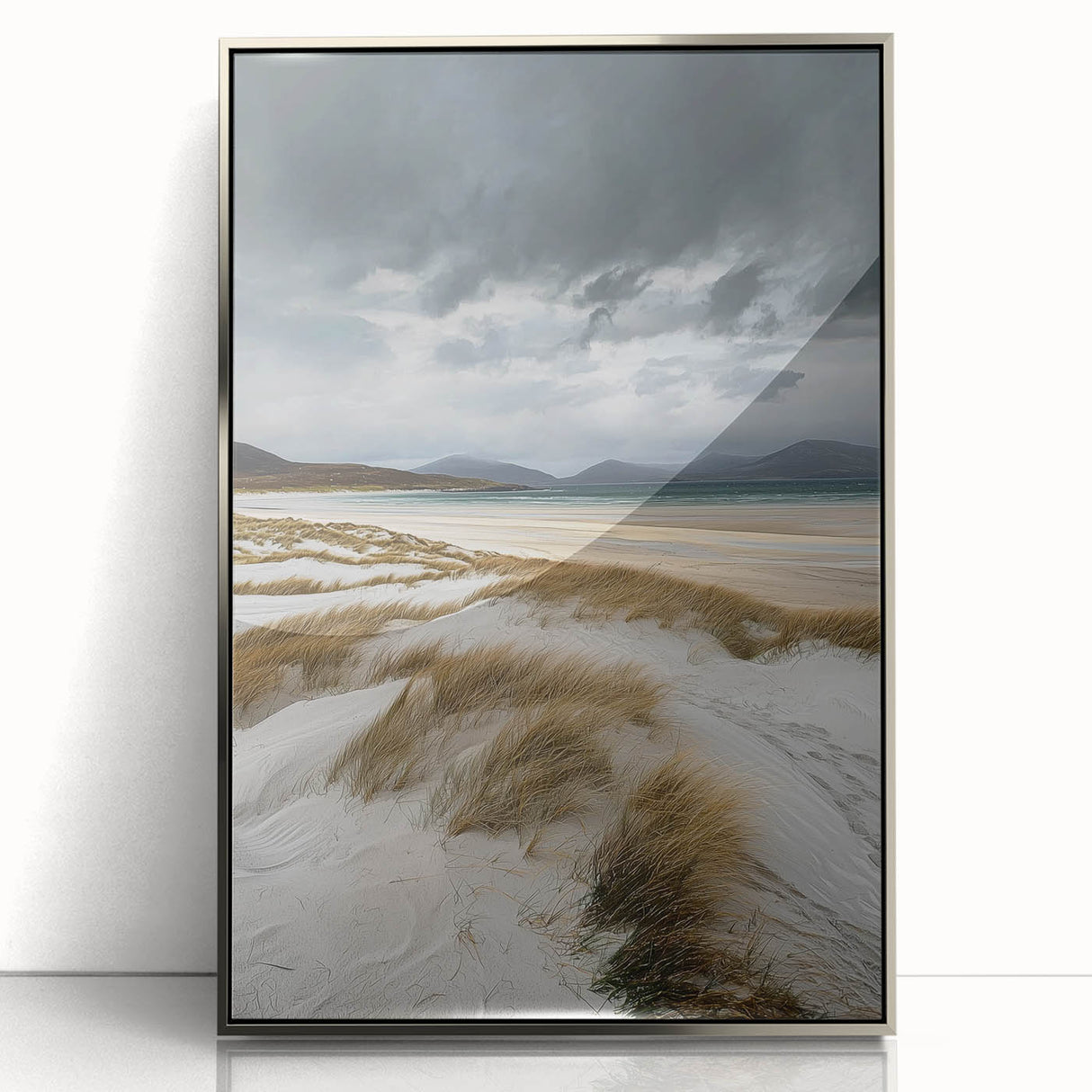 Framed acrylic artwork showcasing a stunning desert dune landscape with soft golden sands and a serene blue sky, designed to enhance modern home decor.