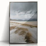 Framed acrylic artwork showcasing a stunning desert dune landscape with soft golden sands and a serene blue sky, designed to enhance modern home decor.