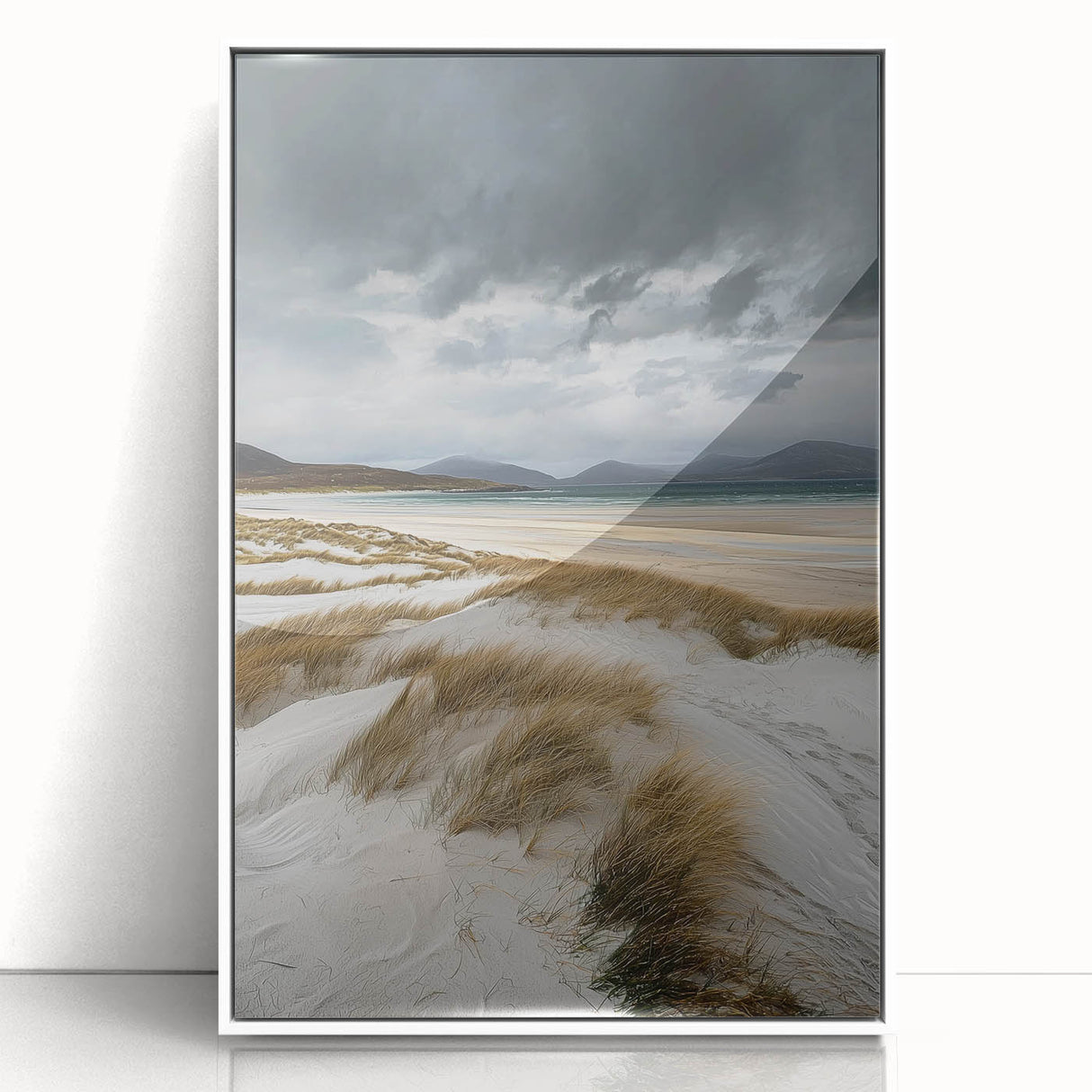 Framed acrylic artwork showcasing a serene desert landscape with golden dunes, presented in a sleek white frame, perfect for modern home decor.