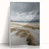 Framed acrylic artwork showcasing a serene desert landscape with golden dunes, presented in a sleek white frame, perfect for modern home decor.