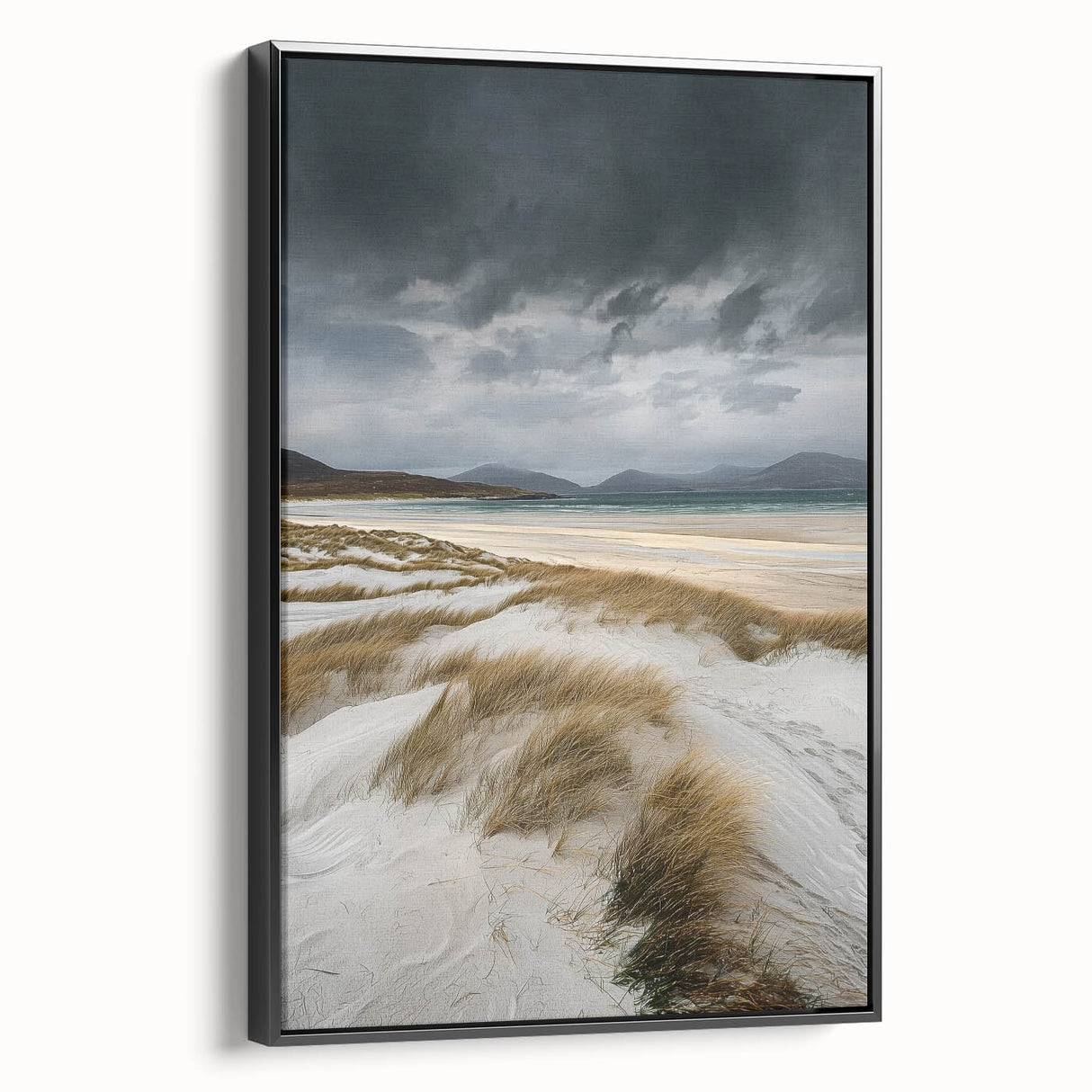 Framed canvas artwork showcasing an abstract landscape of golden dunes, displayed in a sleek black frame. Ideal for modern home décor, this piece adds warmth and sophistication to any room.