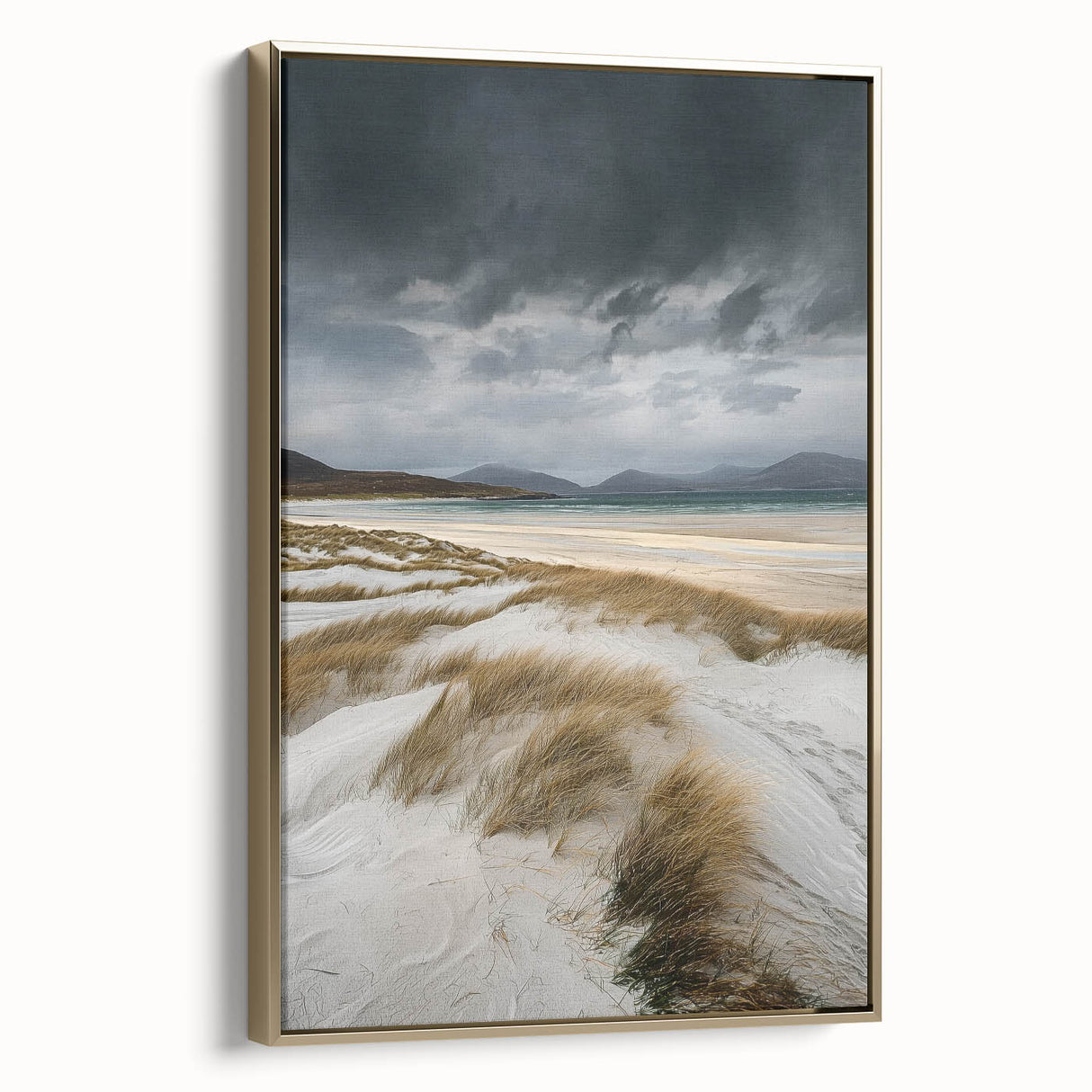 Framed canvas artwork depicting a serene desert landscape with golden dunes, showcasing soft curves and warm tones, ideal for modern home decor.