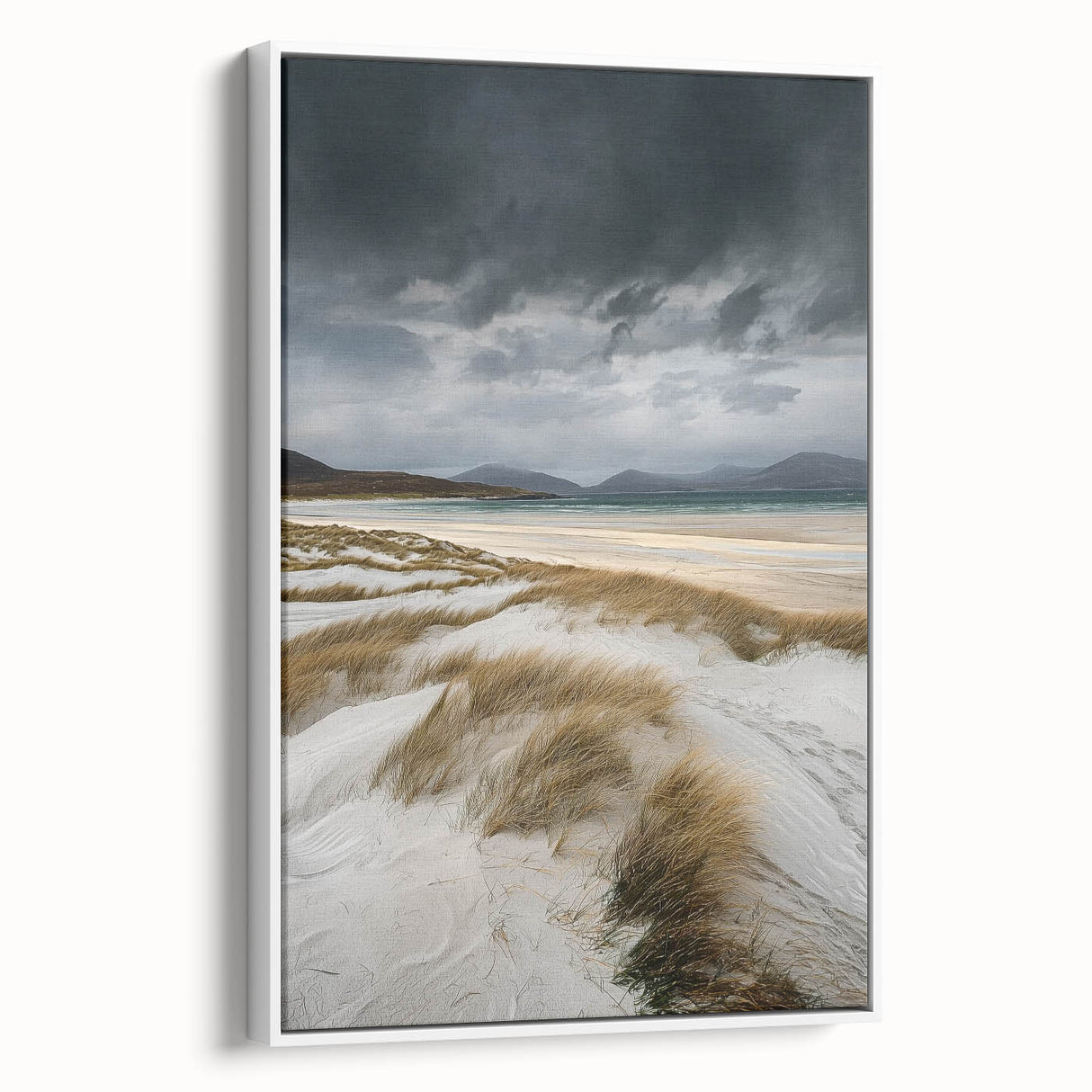 Framed canvas artwork depicting serene sand dunes landscape in soft beige and white tones, showcasing a modern aesthetic. Ideal for minimalist home decor.