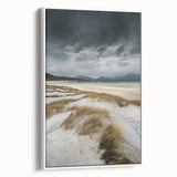 Framed canvas artwork depicting serene sand dunes landscape in soft beige and white tones, showcasing a modern aesthetic. Ideal for minimalist home decor.