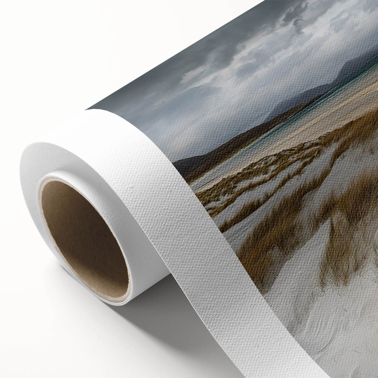Rolled canvas depicting serene desert dunes at sunset, showcasing warm hues of orange and yellow. Perfect for enhancing home decor with a tranquil landscape theme.