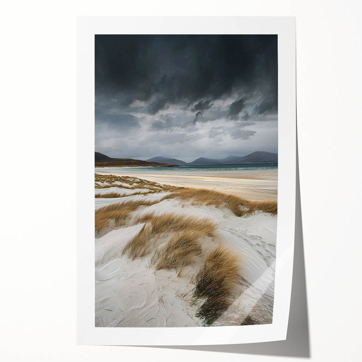 Vibrant rolled print showcasing abstract desert dunes with rich gradients of orange and yellow, designed for modern home decor, elegantly packaged in a protective tube.