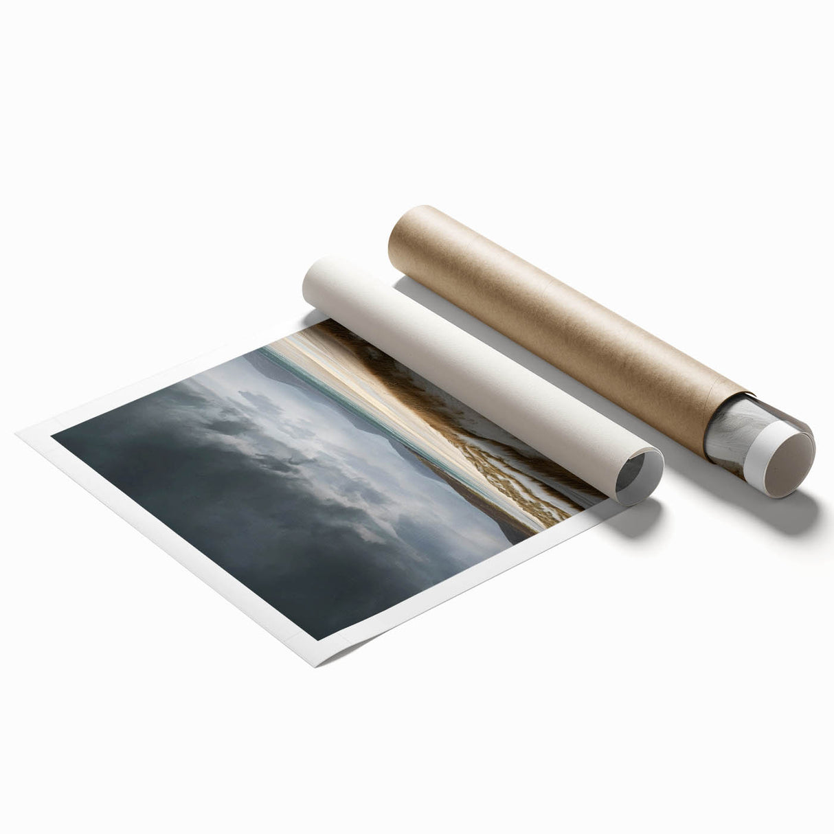 Stunning rolled print of serene desert dunes landscape, showcasing soft golden sands and gentle curves, perfect for home décor or art enthusiasts.