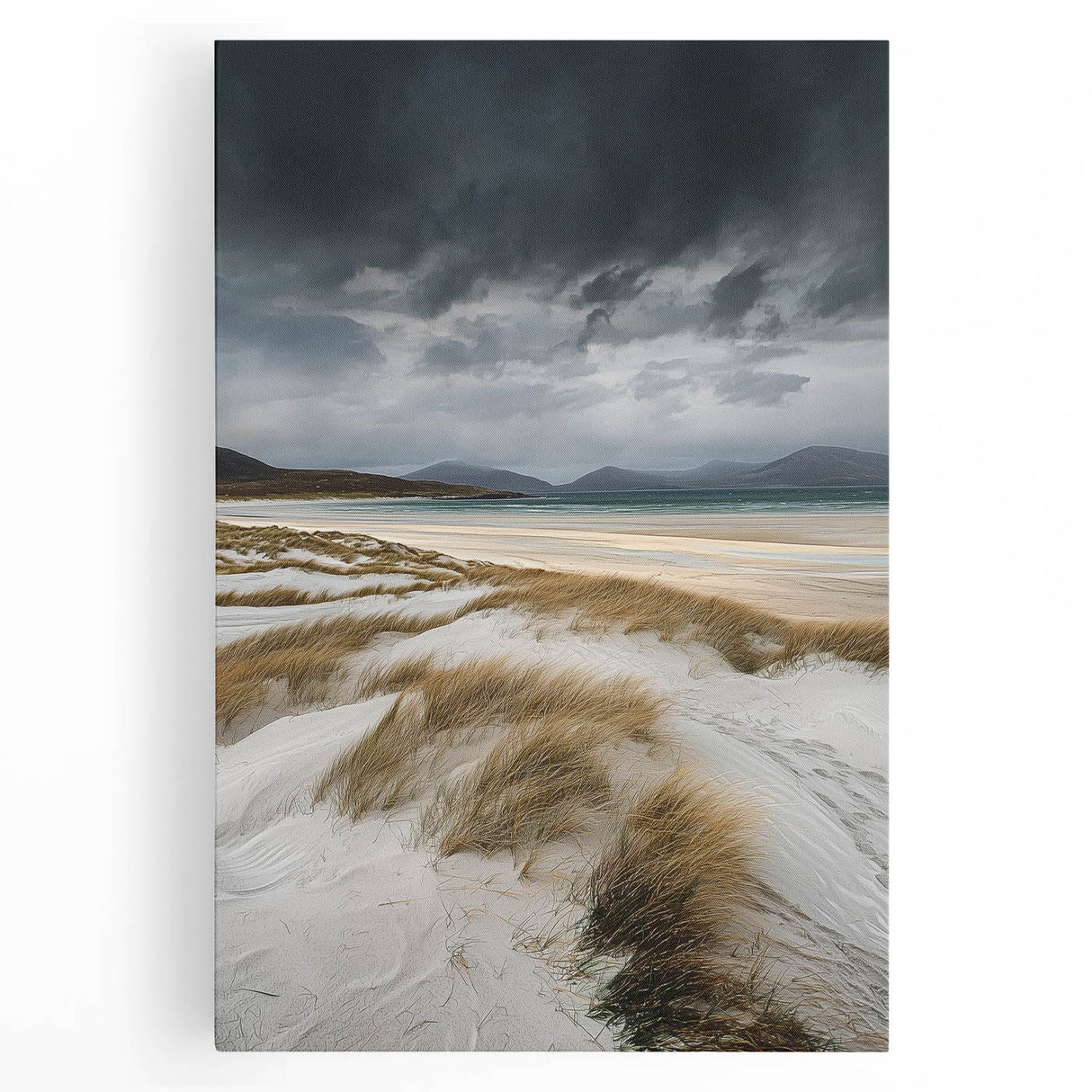 Stretched canvas artwork depicting serene sand dunes under a vibrant sunset, showcasing soft colors of orange and gold, perfect for modern home decor.