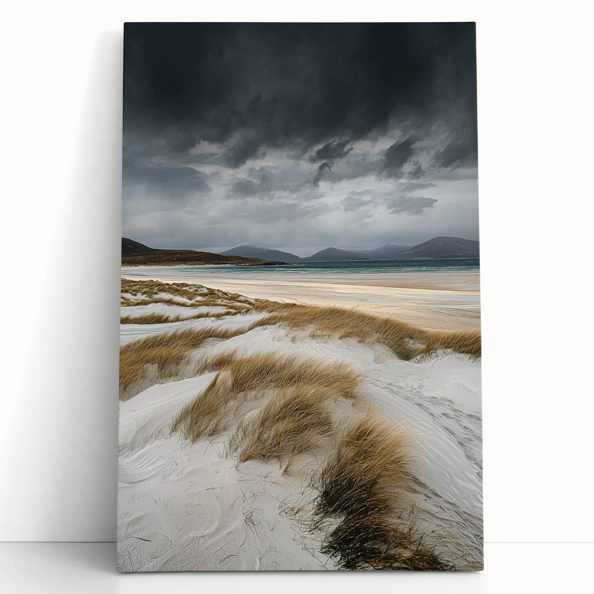 Stretched canvas artwork showcasing serene sand dunes under a vibrant sunset, perfect for modern home decor. Ideal for enhancing living spaces with nature's beauty.