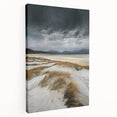 Stretched canvas artwork depicting serene sand dunes under a vibrant sunset, showcasing warm golden and orange hues, perfect for modern home decor.