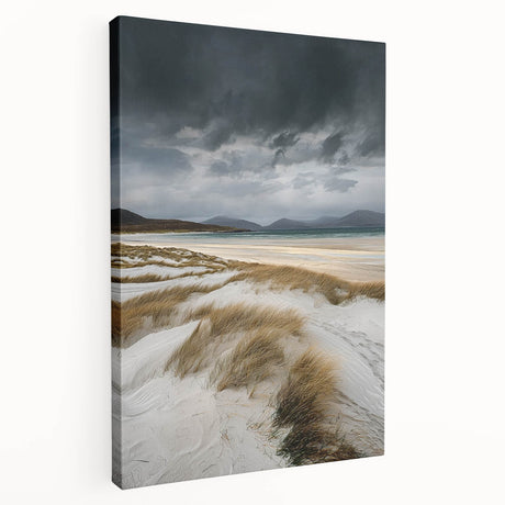 Stretched canvas artwork depicting serene sand dunes under a vibrant sunset, showcasing warm golden and orange hues, perfect for modern home decor.