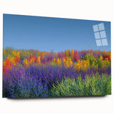 Acrylic glass landscape artwork showcasing vibrant fields in a side view, designed without pins for a sleek finish, perfect for modern home decor.