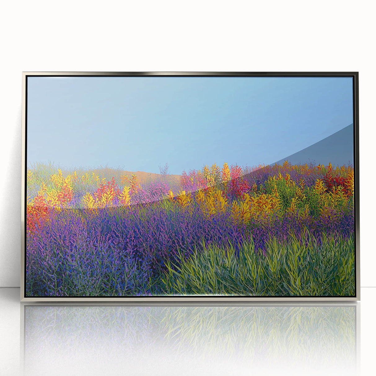 Framed acrylic artwork showcasing a vibrant landscape with lush green fields under a clear blue sky, designed to enhance modern home decor.