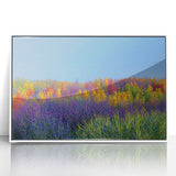 Framed acrylic artwork showcasing a serene landscape of golden fields under a vibrant blue sky, perfect for home decor, adding warmth and tranquility to any room.