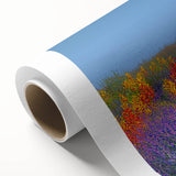 Vibrant rolled canvas artwork depicting a serene landscape with lush green fields and a bright blue sky, elegantly packaged in a protective tube for shipping.
