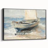 Framed canvas artwork showcasing a serene landscape with vibrant colors, presented in a sleek black frame, ideal for home decor and enhancing living spaces.