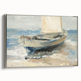 Framed canvas artwork depicting a vibrant landscape scene, featuring rich colors and intricate details, showcased from a silver side view against a neutral background.