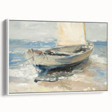 Framed canvas artwork showcasing a serene landscape in soft tones, elegantly displayed from a side view against a white background, perfect for modern home decor.