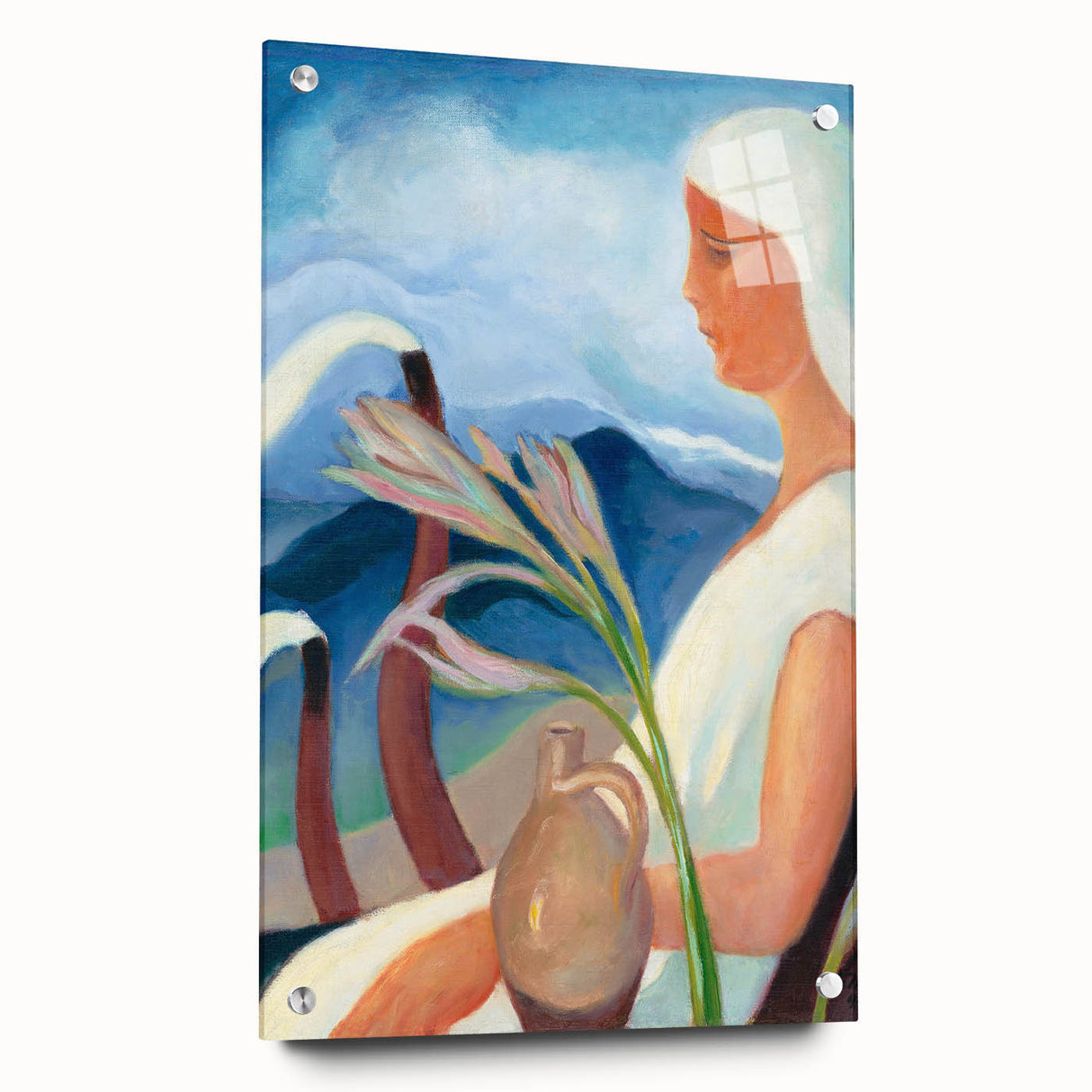 Contemporary Girl in White – Modern Art Print with Flowers & Mountains