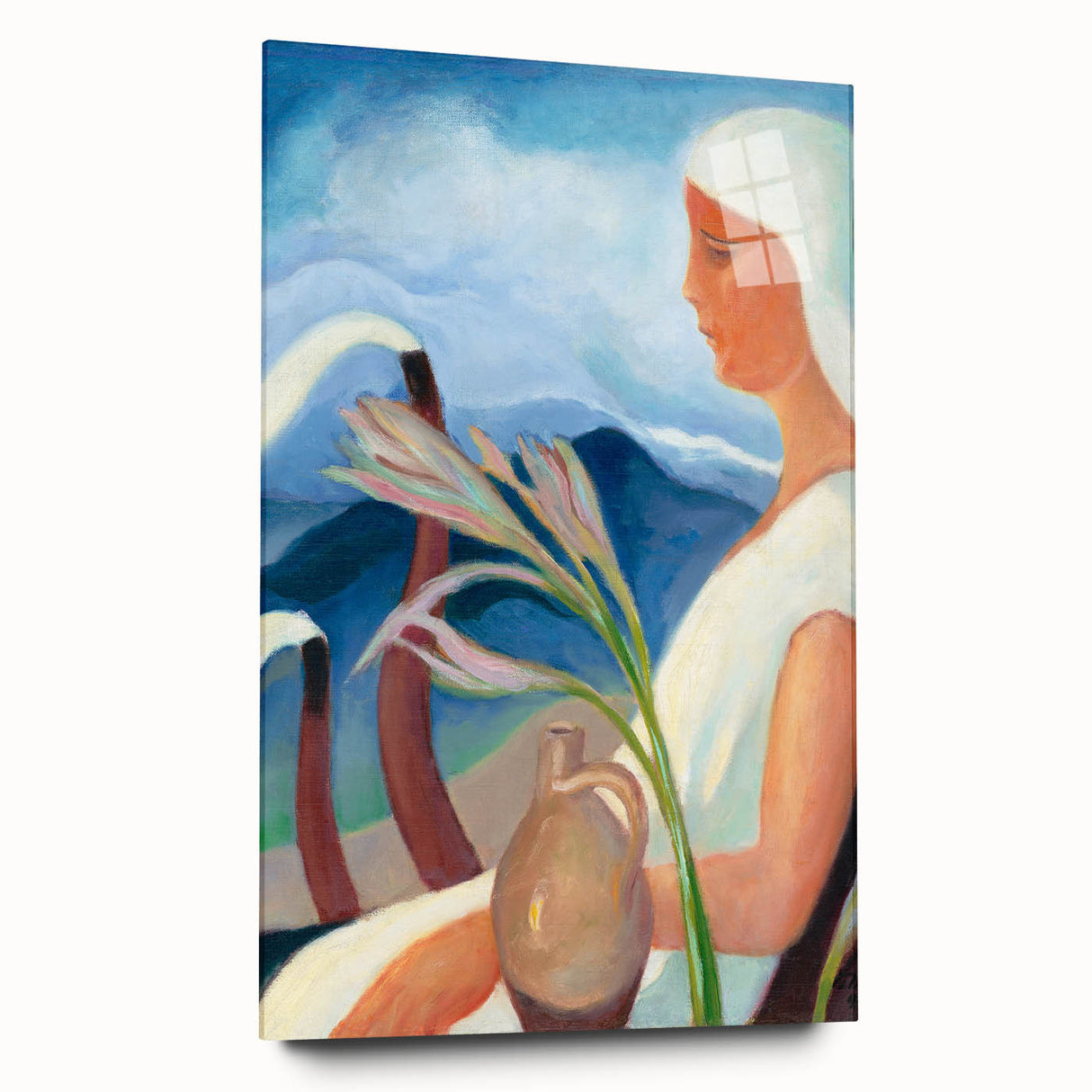Contemporary Girl in White – Modern Art Print with Flowers & Mountains