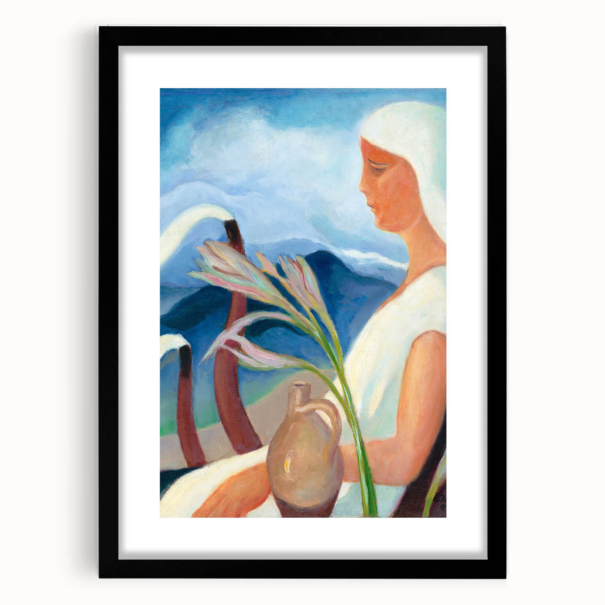 Contemporary Girl in White – Modern Art Print with Flowers & Mountains