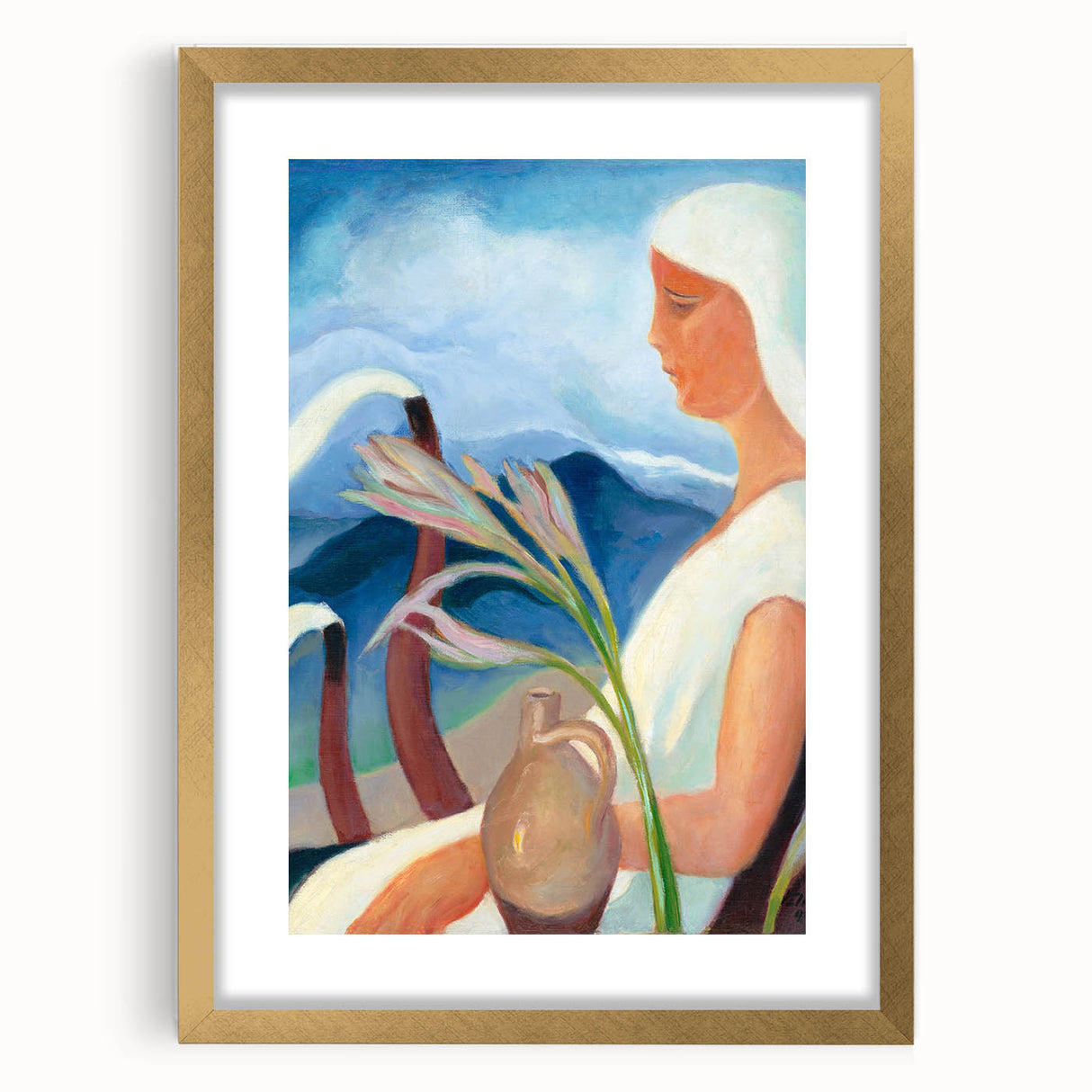 Contemporary Girl in White – Modern Art Print with Flowers & Mountains