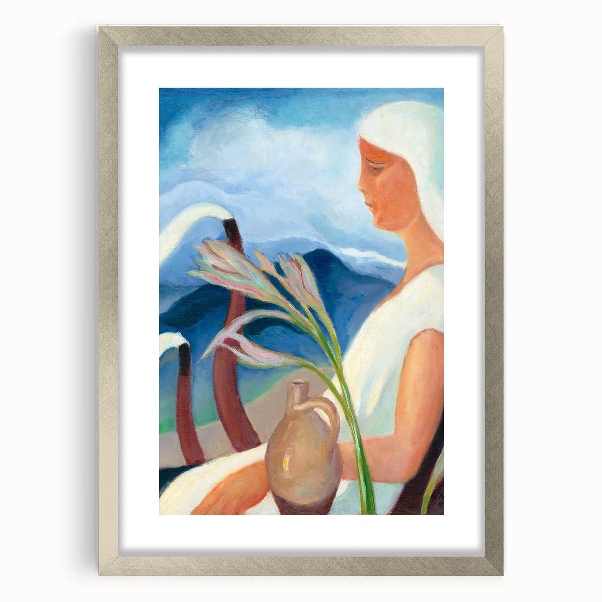 Contemporary Girl in White – Modern Art Print with Flowers & Mountains