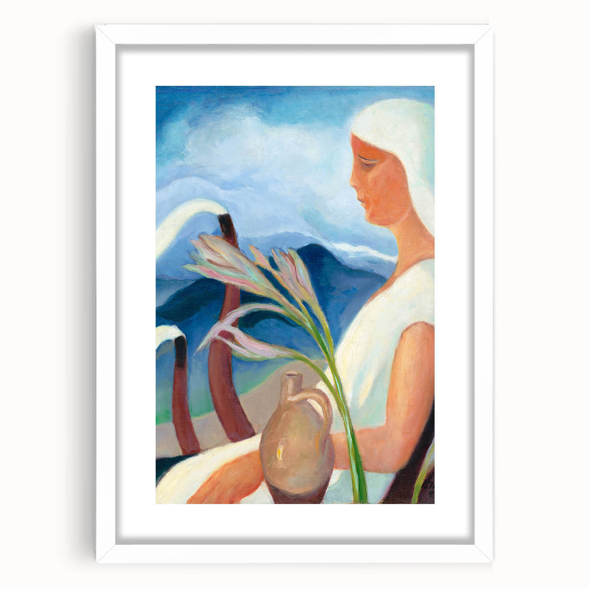 Contemporary Girl in White – Modern Art Print with Flowers & Mountains