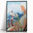 Contemporary Girl in White – Modern Art Print with Flowers & Mountains