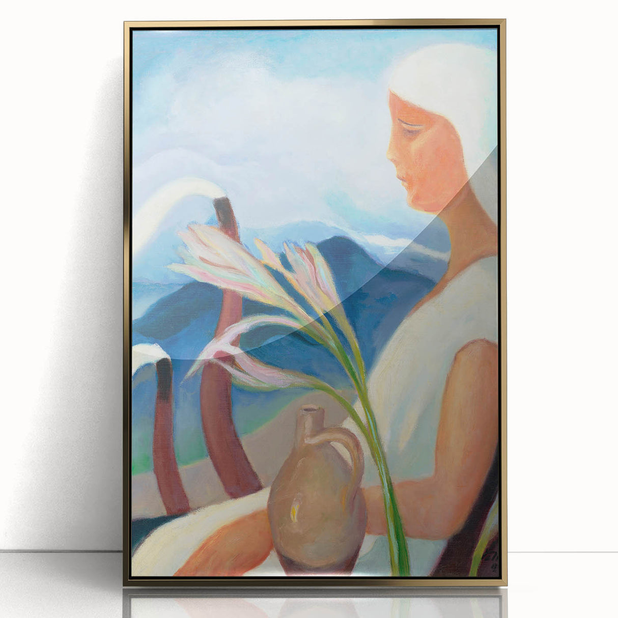 Contemporary Girl in White – Modern Art Print with Flowers & Mountains