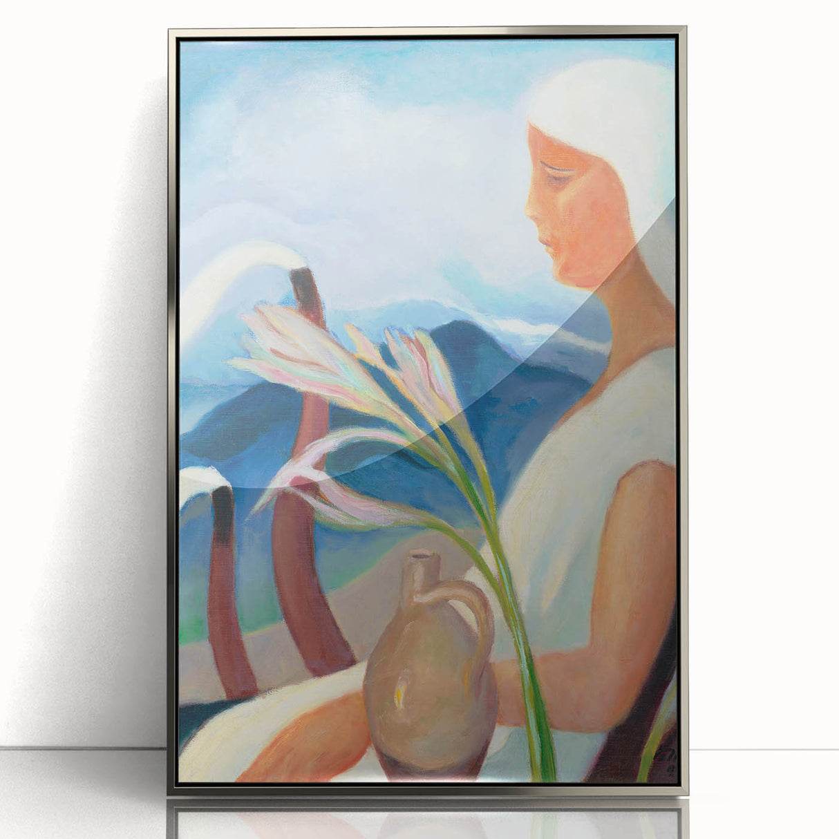 Contemporary Girl in White – Modern Art Print with Flowers & Mountains