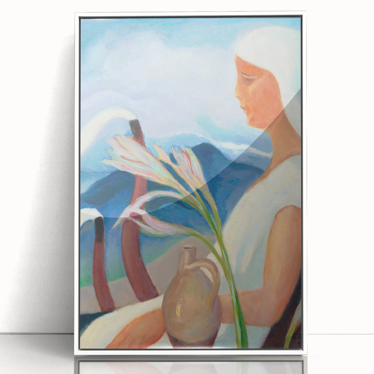 Contemporary Girl in White – Modern Art Print with Flowers & Mountains