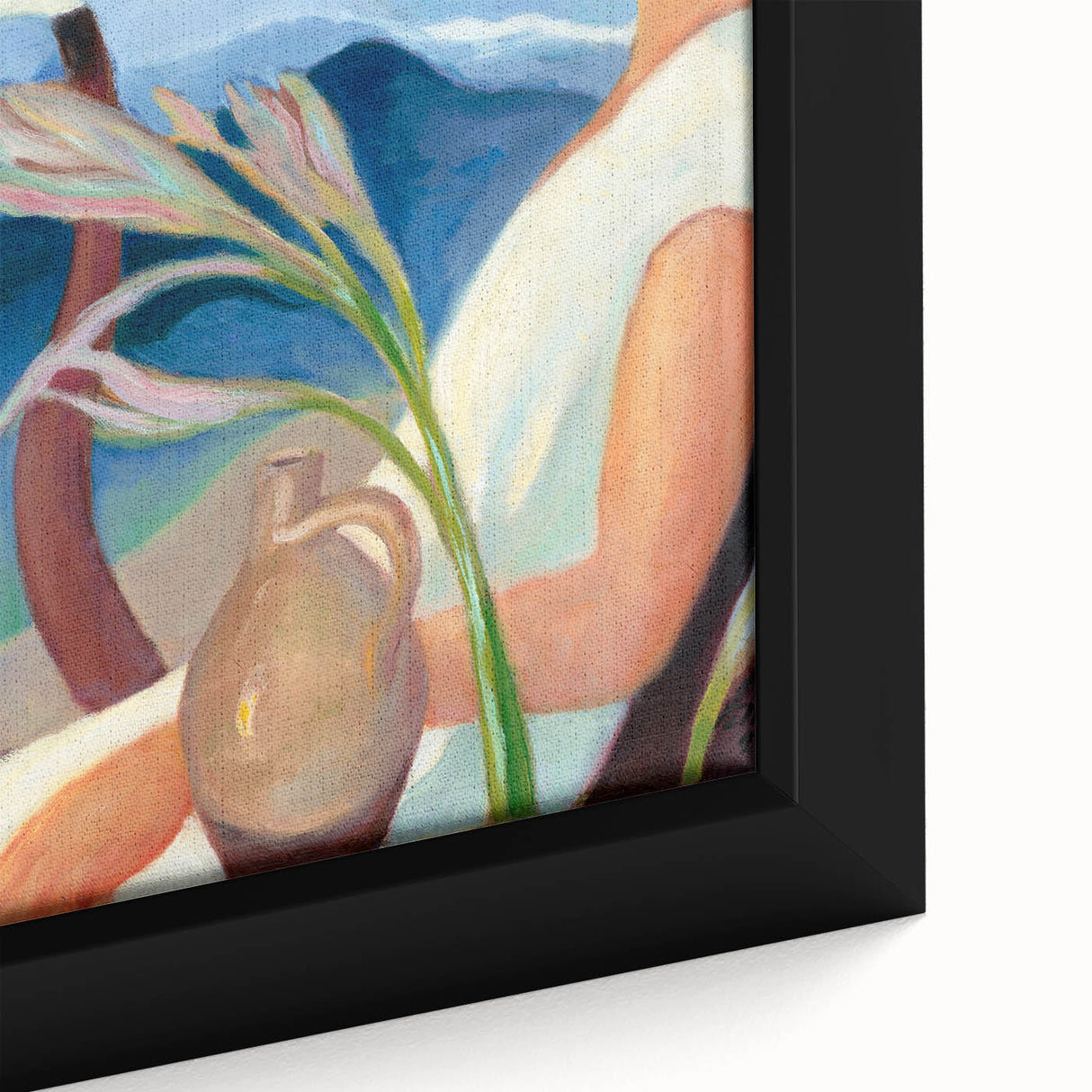 Contemporary Girl in White – Modern Art Print with Flowers & Mountains