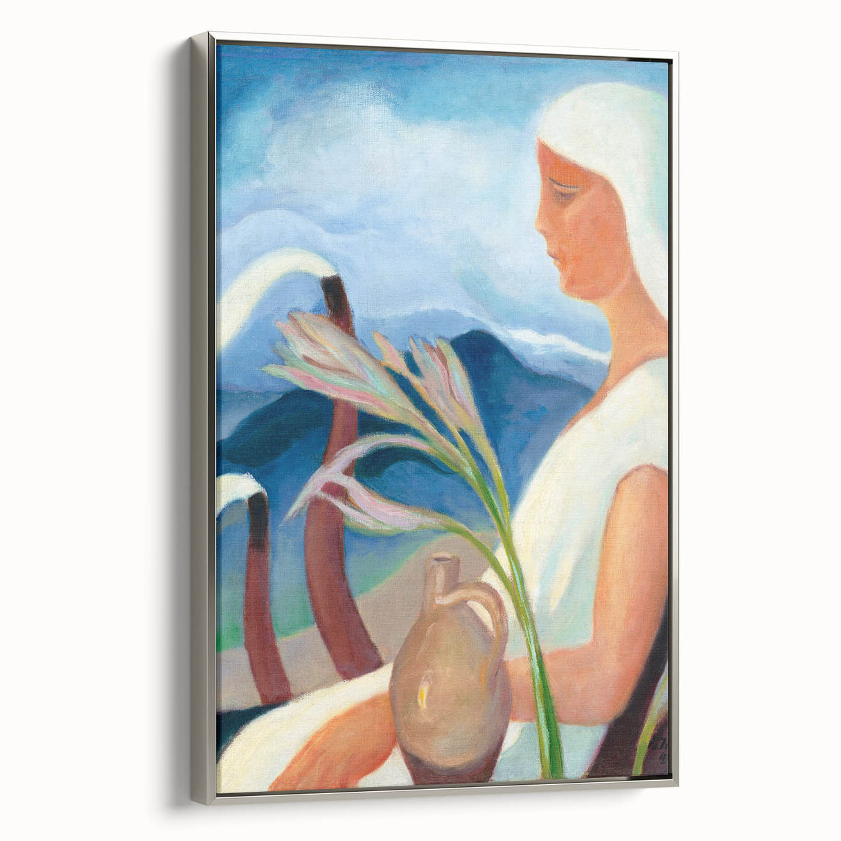 Contemporary Girl in White – Modern Art Print with Flowers & Mountains