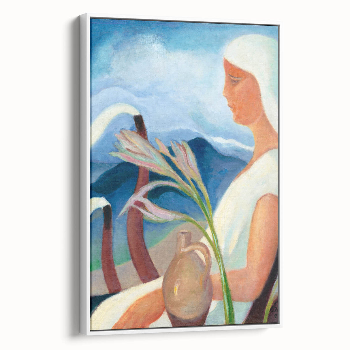 Contemporary Girl in White – Modern Art Print with Flowers & Mountains
