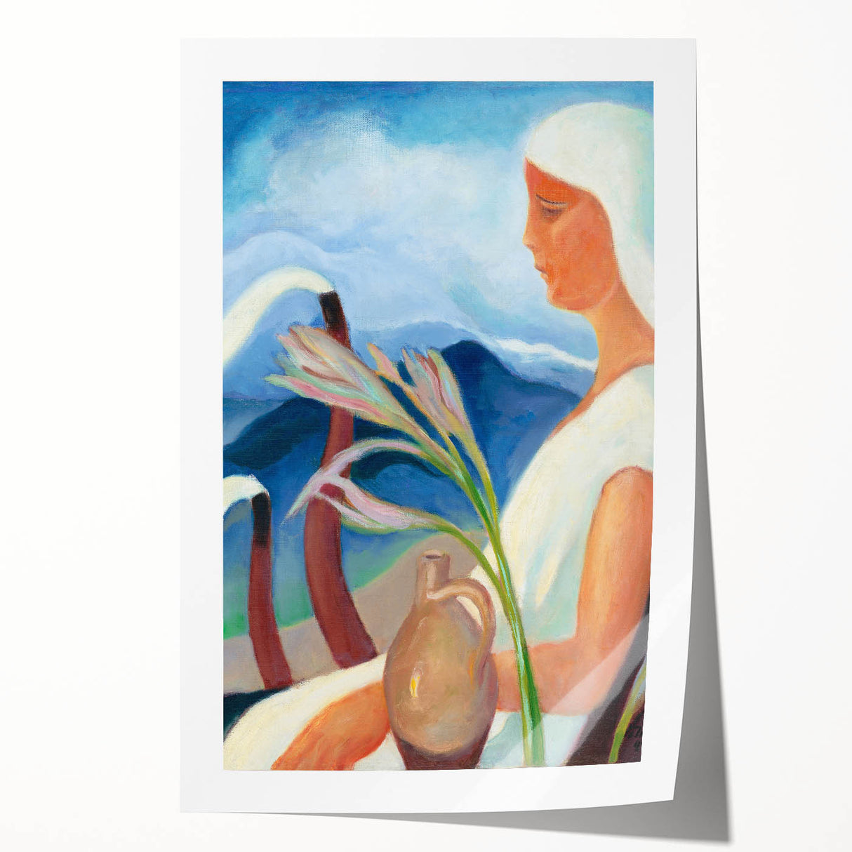 Contemporary Girl in White – Modern Art Print with Flowers & Mountains