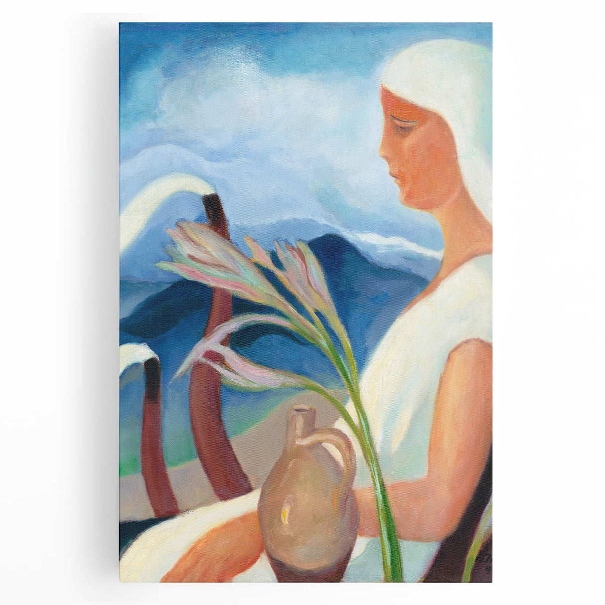 Contemporary Girl in White – Modern Art Print with Flowers & Mountains