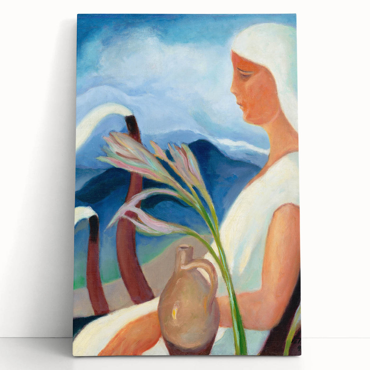 Contemporary Girl in White – Modern Art Print with Flowers & Mountains