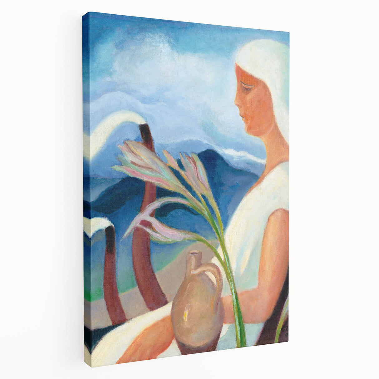 Contemporary Girl in White – Modern Art Print with Flowers & Mountains
