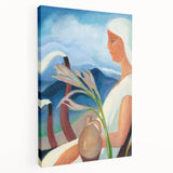 Contemporary Girl in White – Modern Art Print with Flowers & Mountains