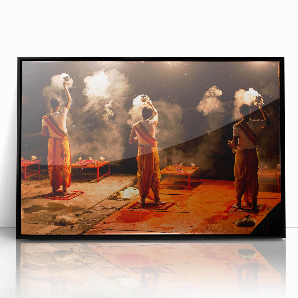 Large abstract wall art featuring a mid-century modernist style with vibrant colors of India's scenery on a framed acrylic.